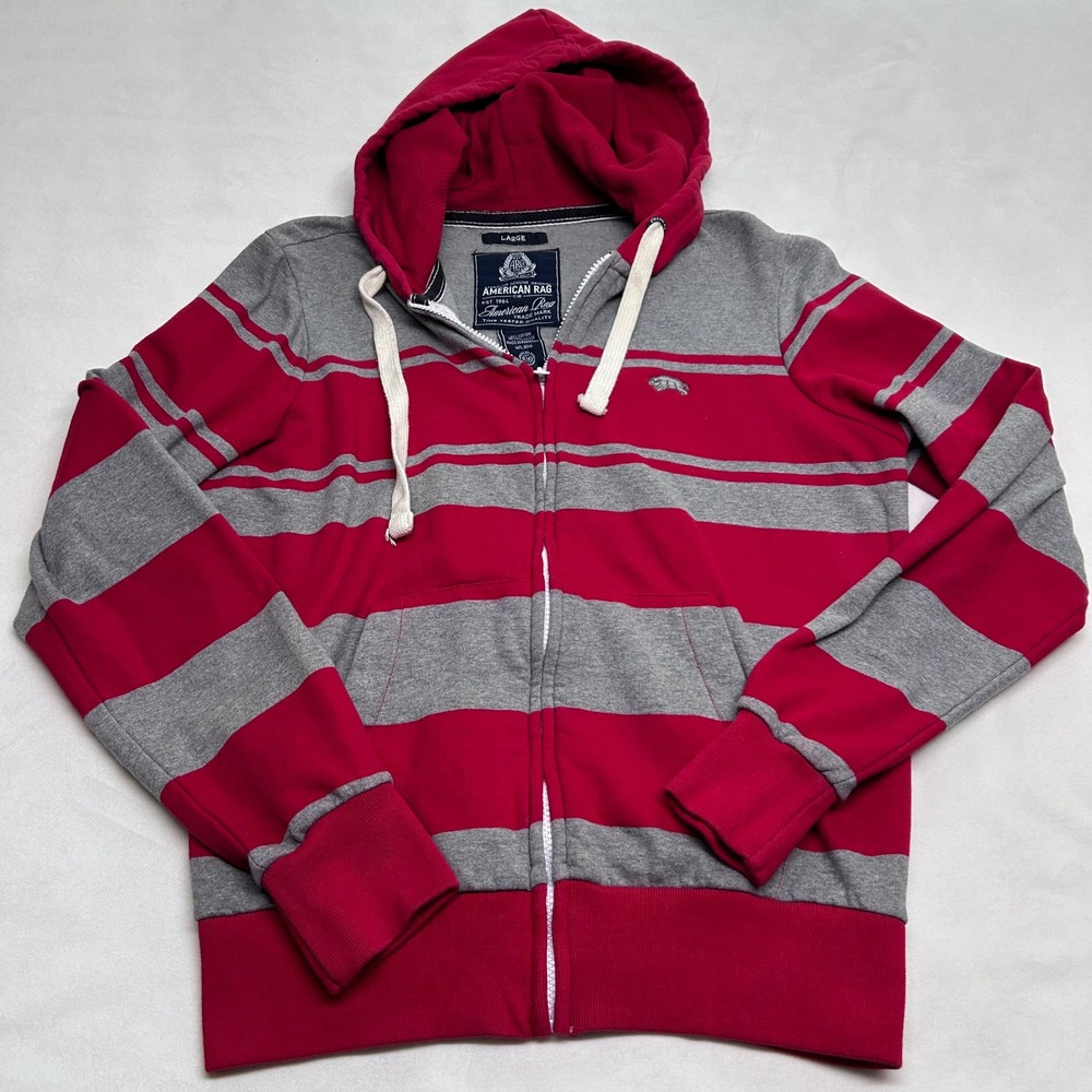 American Rag Mens Red Gray Striped Full Zip Hoodie Sweatshirt Large Waffle Hood